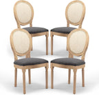 Rattan Back Upholstered Dining Chairs Set of 4 French Country Oval Kitchen Side Chairs with Wood Legs for Dining Room, Kitchen, Restaurant(Dark Grey-Rattan)