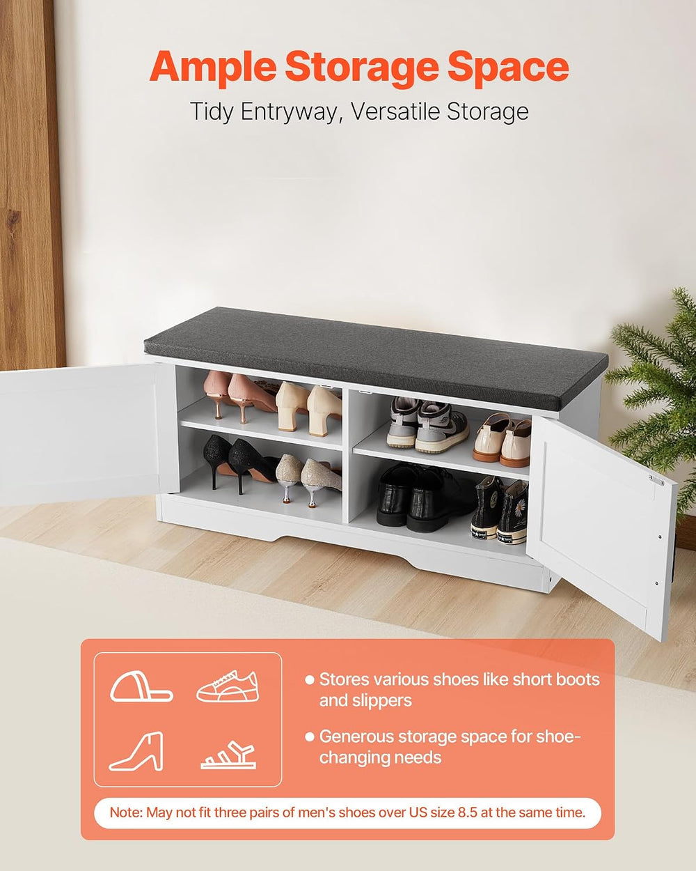 VEVOR Shoe Storage Bench with Padded Cushion & 2 Barn Doors, Entryway Ben...