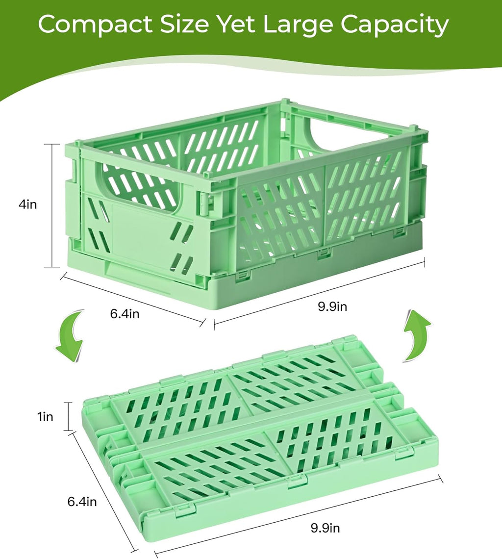 4-Pack Small Pastel Plastic Storage Baskets, Collapsible Crates for Organizing, Space-Saving Mini Bins for Classroom, Kitchen, Office, Bedroom (Green, 9.8" x 6.5" x 3.8")