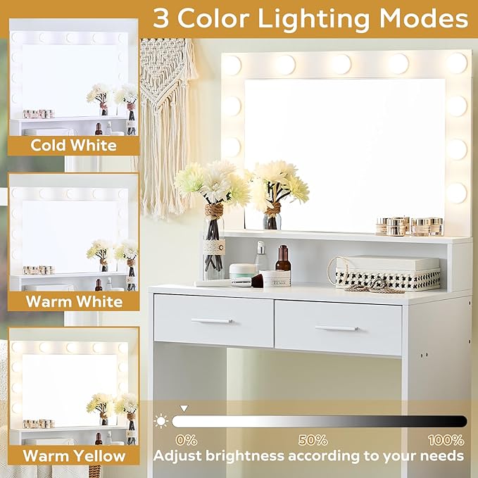 Vanity Desk with Mirror and Lights, Dressing Table with Large Drawer, 2 Level Storage Dresser & 3 Lighting Modes Adjustable Brightness, Suitable for Bedroom