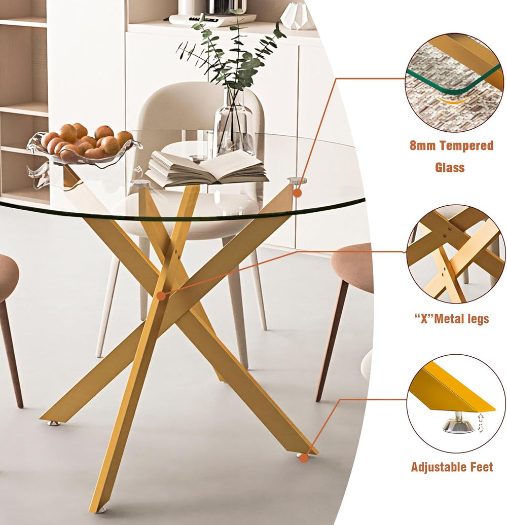 Modern 5-Piece Round Glass Dining Table Set for 4, Modern 47" Gold Glass...