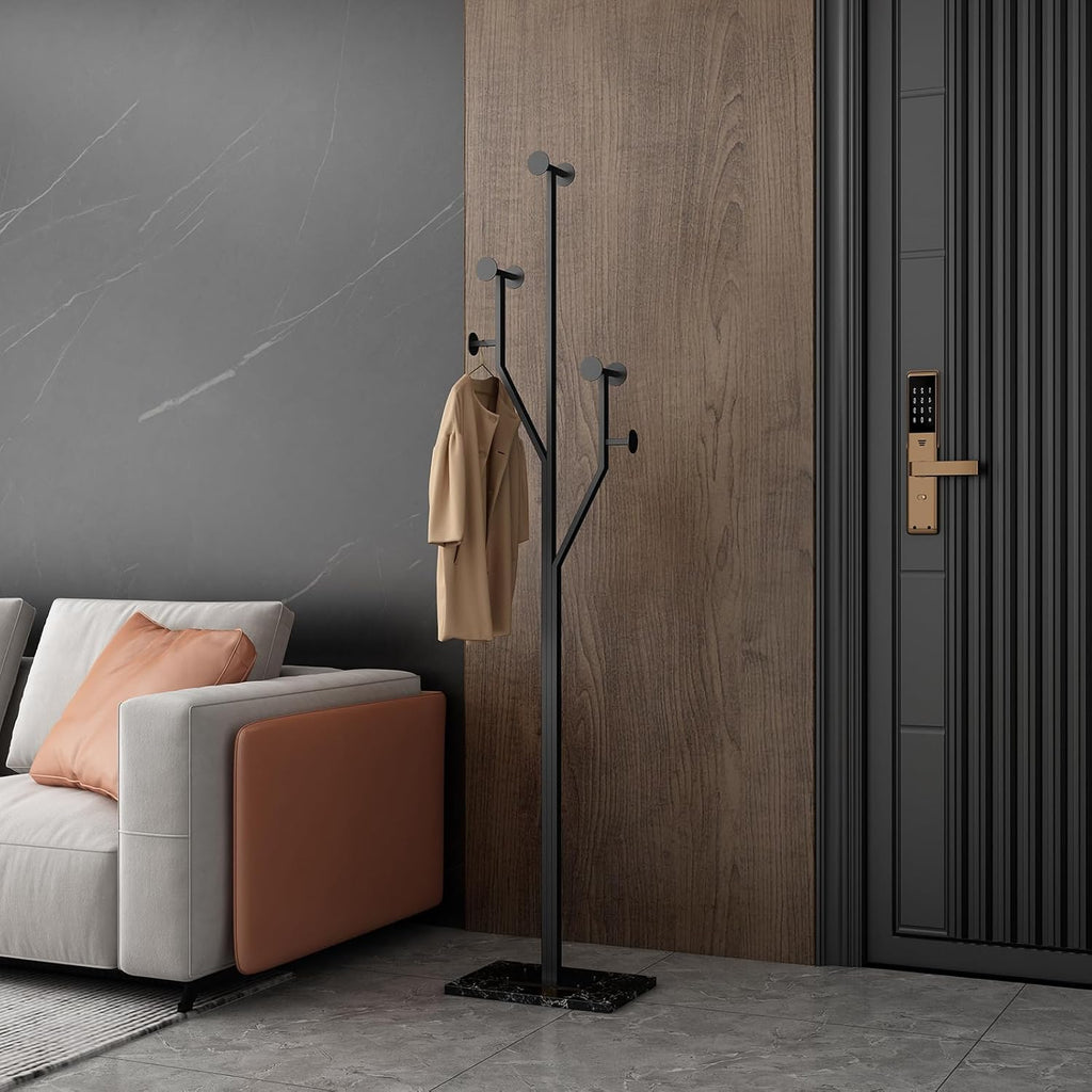 JIAYUEJU Freestanding Coat Rack Tree-shaped Metal Coat Tree with Heavy Duty Marble Base Corner Clothing Rack for Bedroom Entryway Hallway 14.96 x 10.24 x 68.9 Inches (Black)