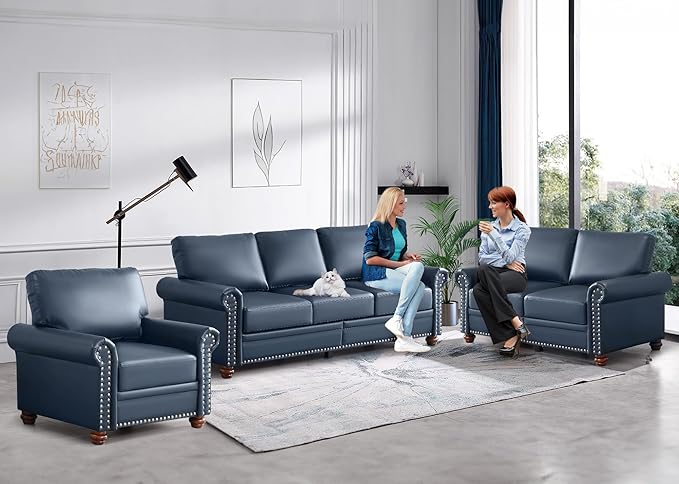 3 Piece Faux Leather Sofa Set,Mid Century Modern Couch and Loveseat Sets with Storage,Comfy Deep Seat Sofa with Nailhead Trim & Rolled Arm for Living Room,Office(Armchair+Loveseat+3 Seater,Navy)