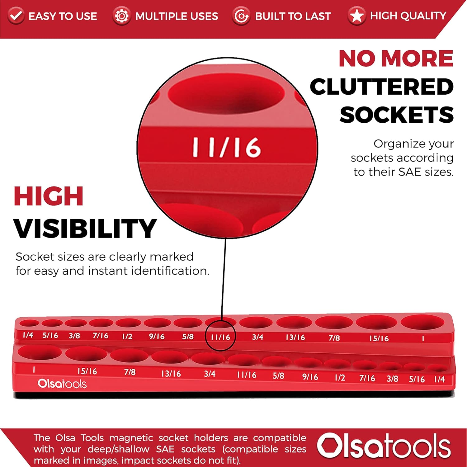 Olsa Tools Magnetic Socket Organizer | 3/8-inch Drive | SAE | RED | Holds 26 Sockets | Professional Quality Tools Organizer
