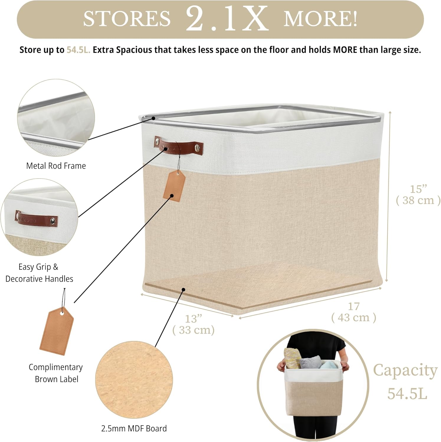 DECOMOMO Extra Large Storage Baskets, 54.5L Fabric Storage Bins for Organizing Linen Closet, Nursery (Khaki & White, XXXL - 3 pack)