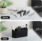 Aesthetic Remote Control Holder, PU Leather Pen Holder for Desk with 3 Compartments for Home Office Supplies and Accessories, Stylish Bedside Remote Holder Nightstand Desktop Organizer (Black)