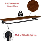 Clothes Rack 36in, Wall Mounted Garment Rack with Real Walnut Wood Shelf, Heavy Duty Hanging Clothes shelf, Multi-Purpose Hanging Rod, Space-Saving Closet Storage (Walnut, 1T36IN)