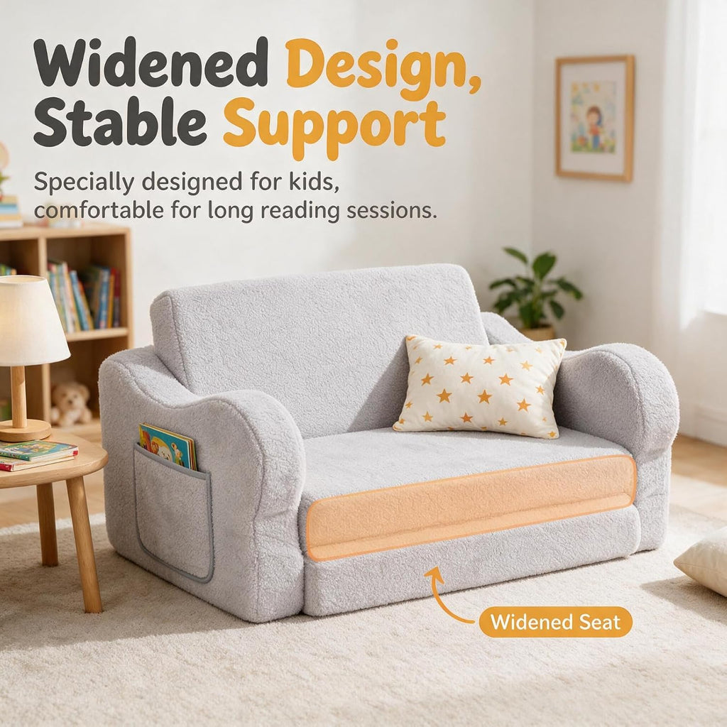 Extra Wide Toddler Couch, Foldable Kids Sofa to Lounger, Grey | Toddler Chair Fold Out, Reading & Playing, Living Room Playroom, Boys & Girls, Lightweight, Removable Washable Cover