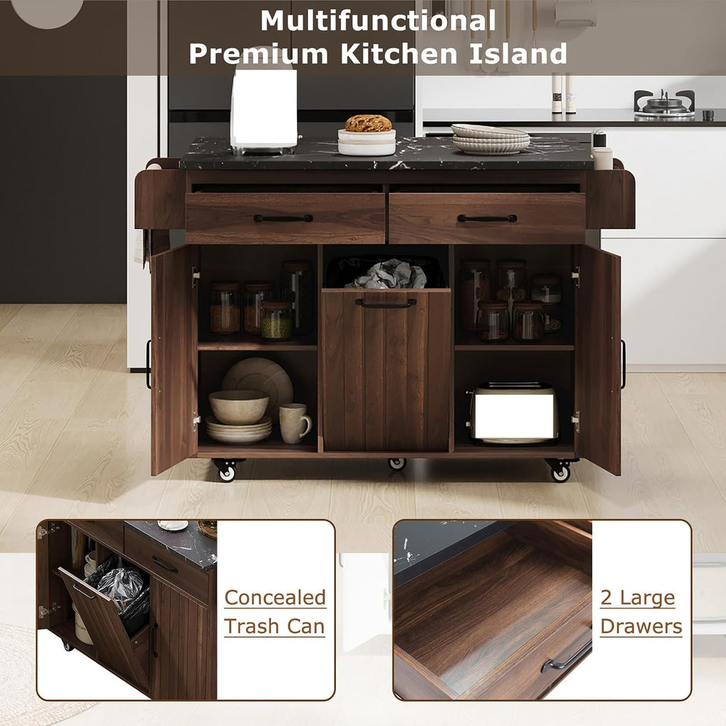 Kitchen Island with Trash Can Storage, Rolling Kitchen Cart on Wheels with Drop Leaf, Drawers, Adjustable Shelf and Tilt Out Trash Can Cabinet for 15 Gallon Garbage Bin, Brown