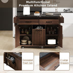 Kitchen Island with Trash Can Storage, Rolling Kitchen Cart on Wheels with Drop Leaf, Drawers, Adjustable Shelf and Tilt Out Trash Can Cabinet for 15 Gallon Garbage Bin, Brown