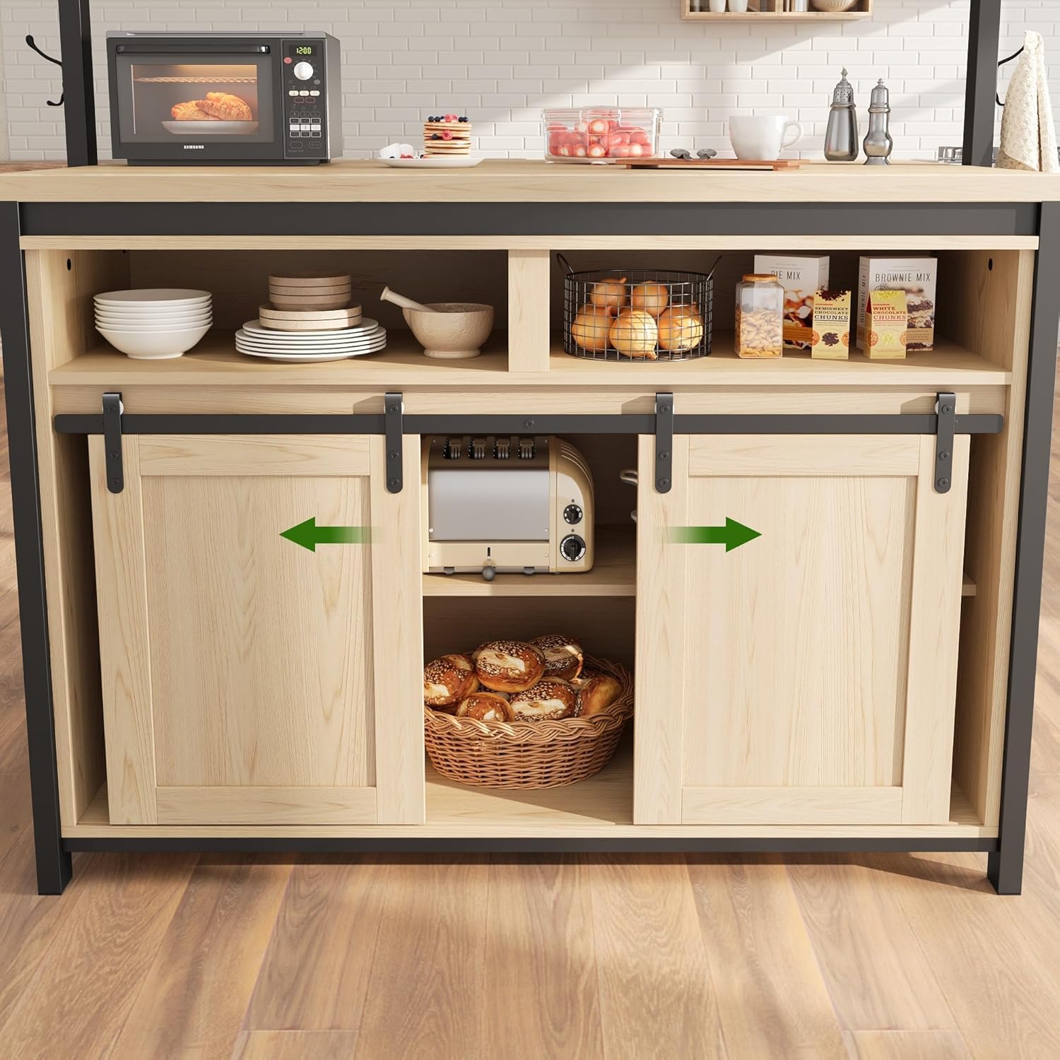 Wooden Island Table for Kitchen with Sliding Barn Door, Heavy Duty Large Coffee Bar Table with 4 Hook, Multi-Functional Bakers Rack, Storage Shelf for Kitchen Dining Room Living Room