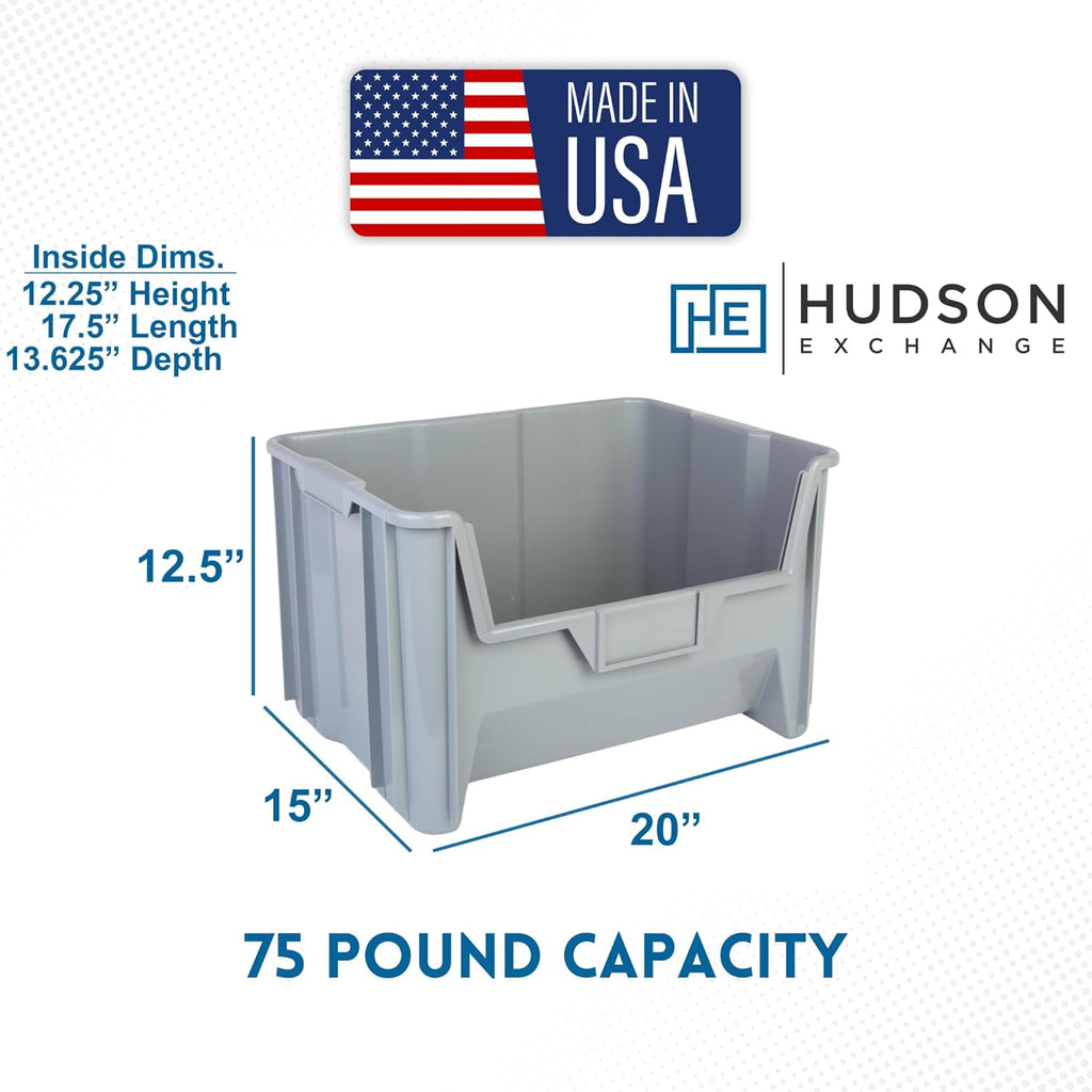 Hudson Exchange 20" x 15" x 12.5" (3 Pack) Plastic Giant Stackable Hopper Bin Container, Gray