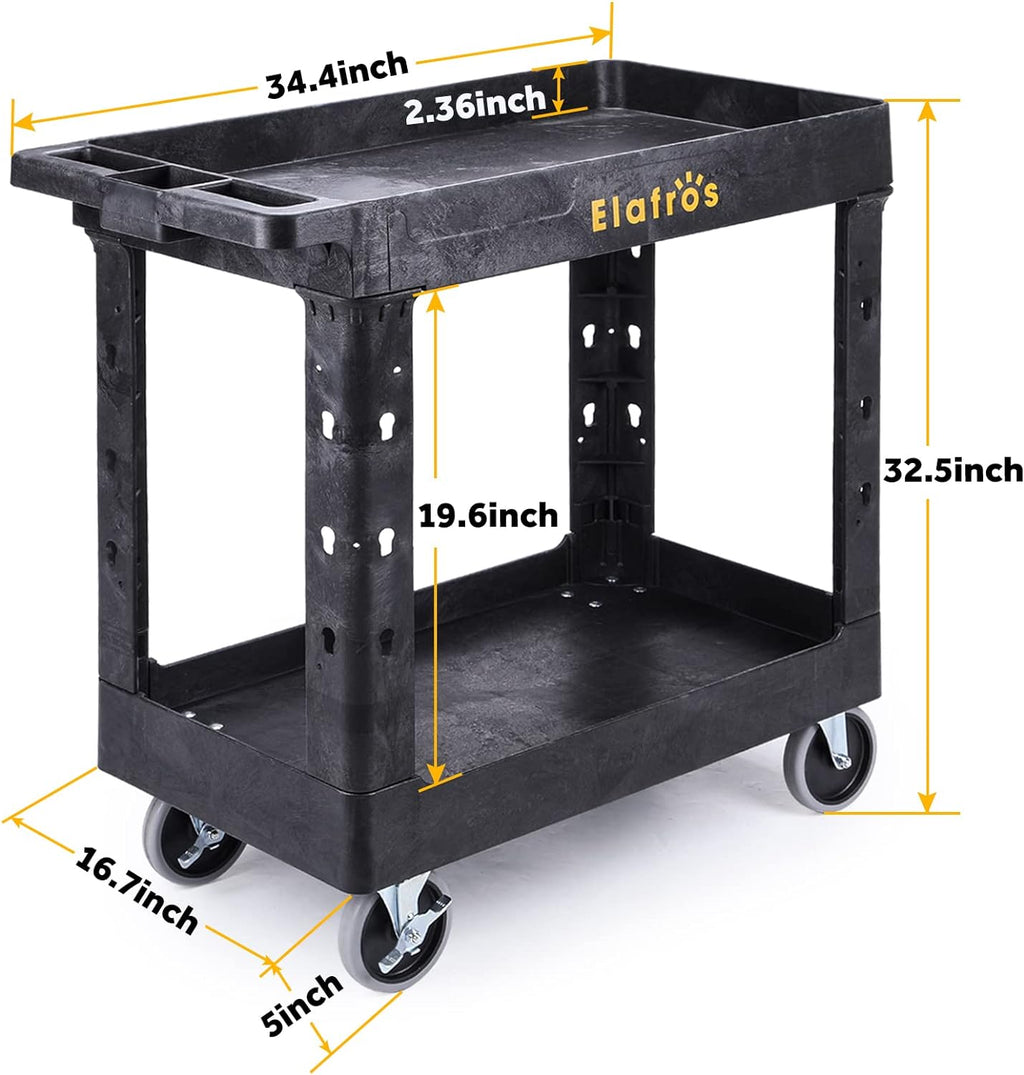 ELAFROS Heavy Duty Plastic Utility Cart 34 x 17 Inch - Work Cart Tub Storage W/Deep Shelves and Full Swivel Wheels Safely Holds up to 550 lbs - 2 Tier Service Cart for Warehouse,Garage, Cleaning