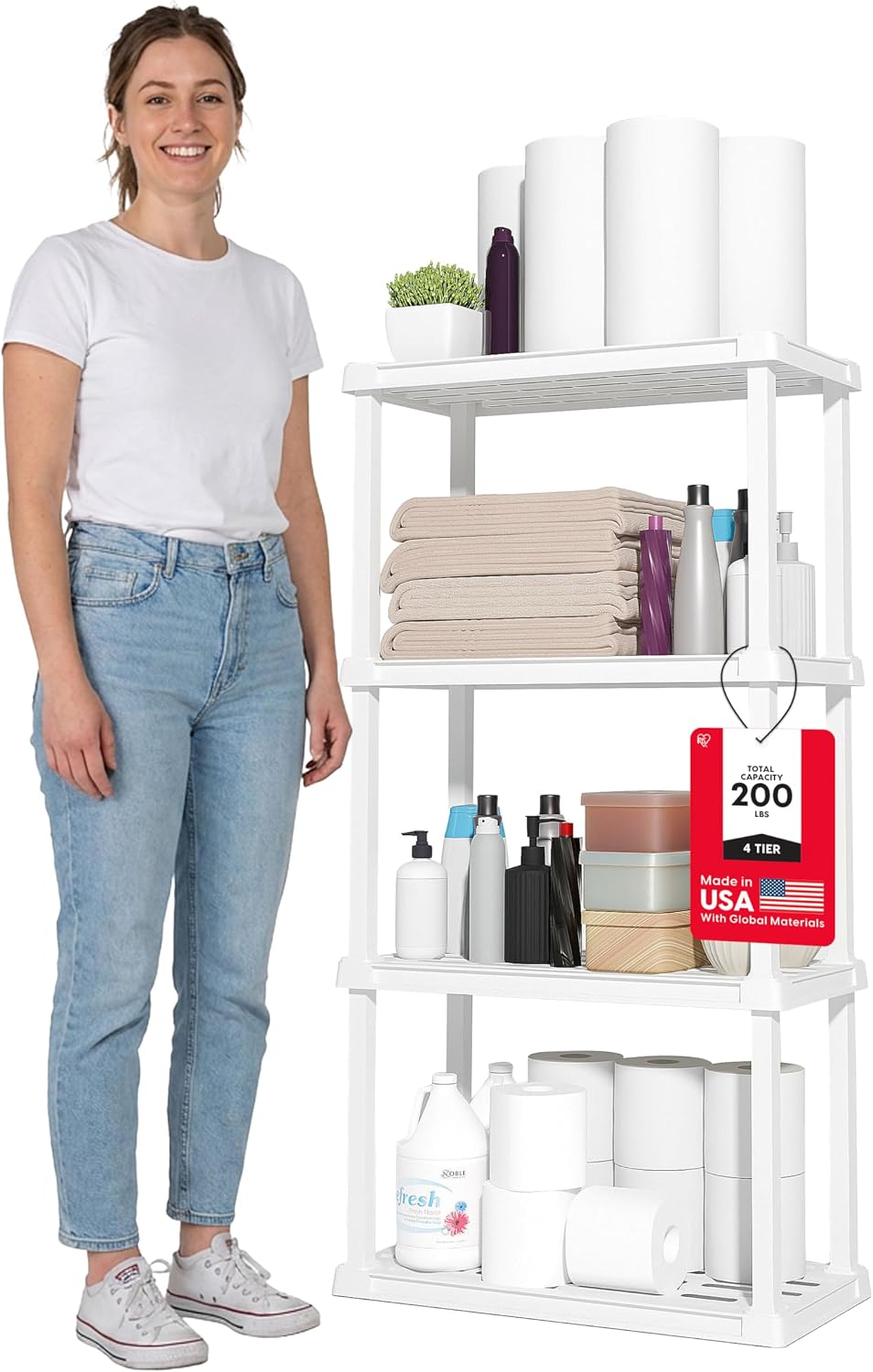 IRIS USA Plastic Storage Shelves |Made in USA| 48"H x 24"W x 12"D - White | Light Duty Rack Organizer, 200lb Total Capacity, 50lb Per Shelf, Shelving Unit for Bathroom, Laundry, Home & Pantry