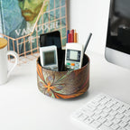 lizimandu Round Leather Art Supply Organizer,Remote Control Holder,360 Degree Rotating,Multi-Functional Pencil Holder,4 Compartments Desktop Stationary Organizer(1-Orange Flower)