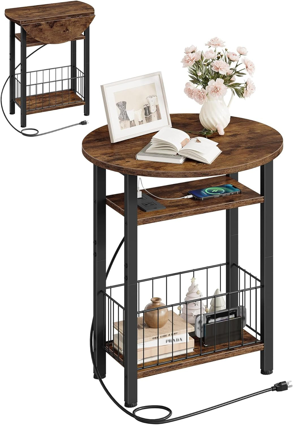 Folding Side Table with Charging Station, 3-Tier Narrow End Couch Table with ...