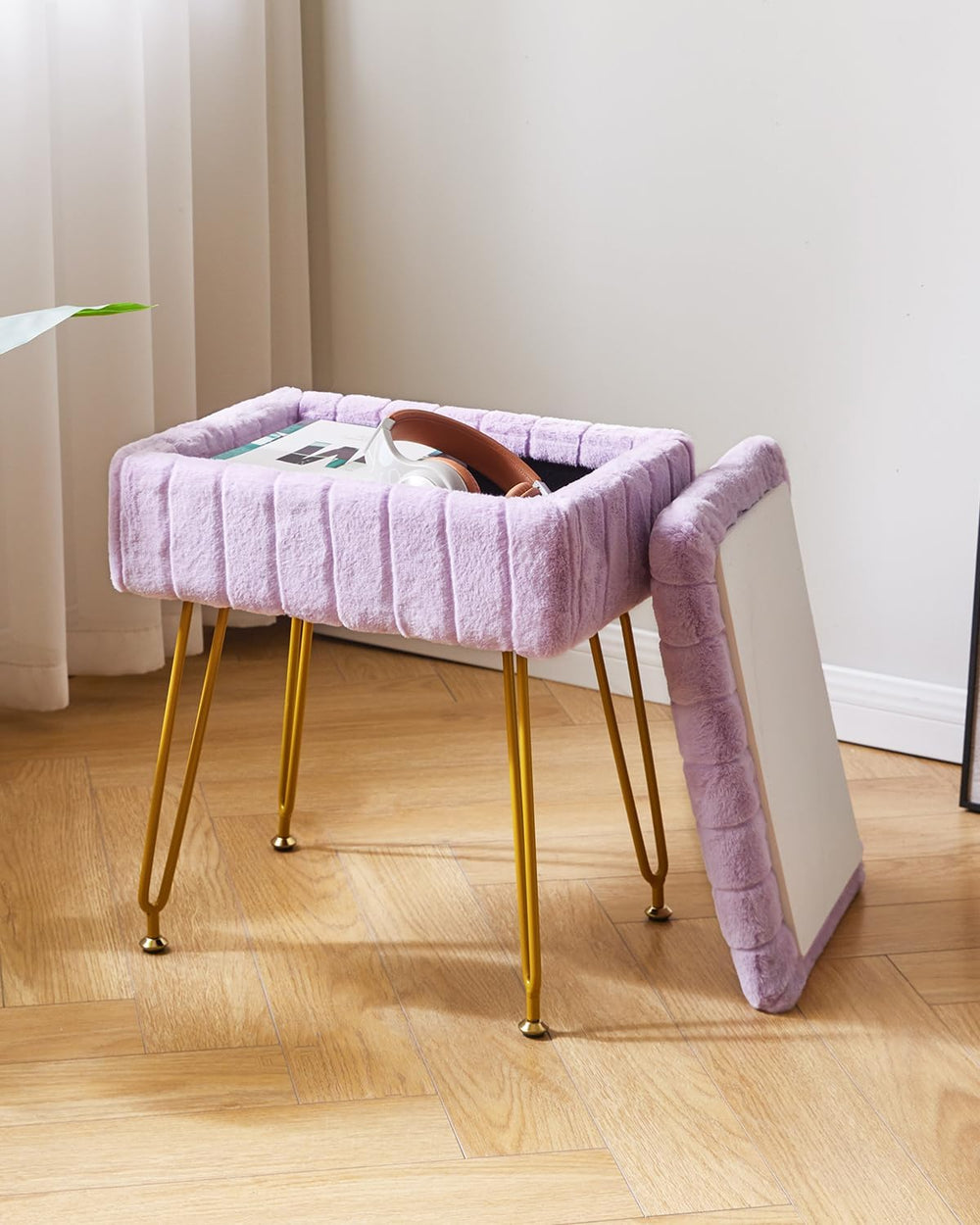 IBUYKE Vanity Stool Chair with Storage, Faux Fur Ottoman, Purple LG-50V | Foo...