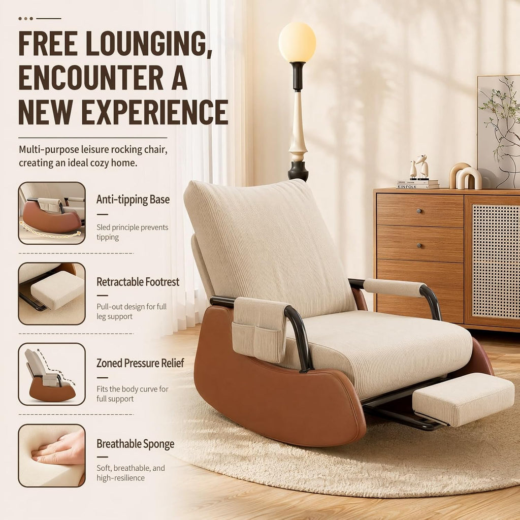 Nursery Chair Rocking Chair with Foot Rest Nursery Rocking Chairs, 3-Position Recliner Foldable Space-Saving Modern Corduroy Stable High Capacity Gliding Rocking Chair