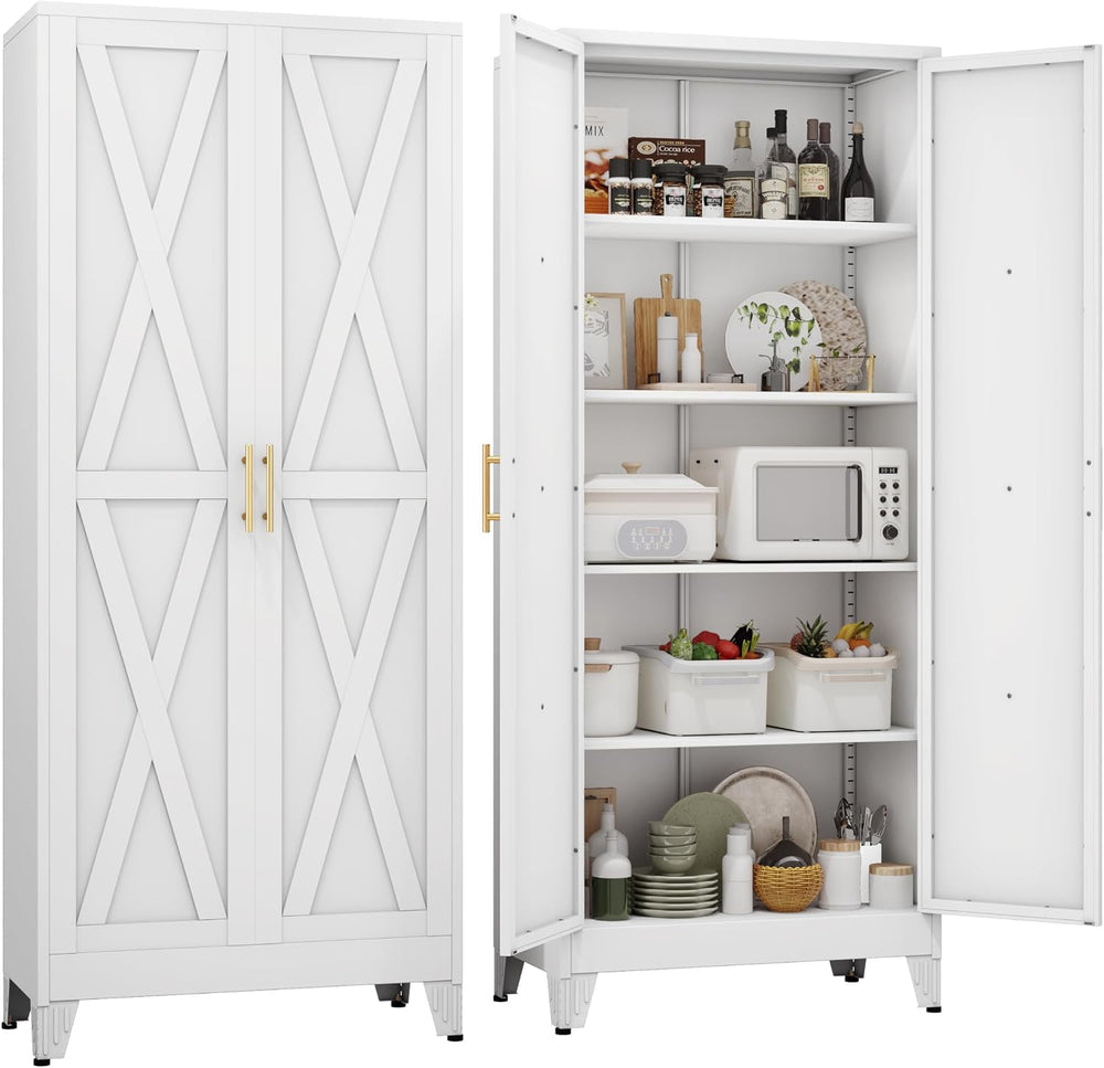 71" H Metal Kitchen Pantry Storage Cabinet, Freestanding Cupboard with 2...