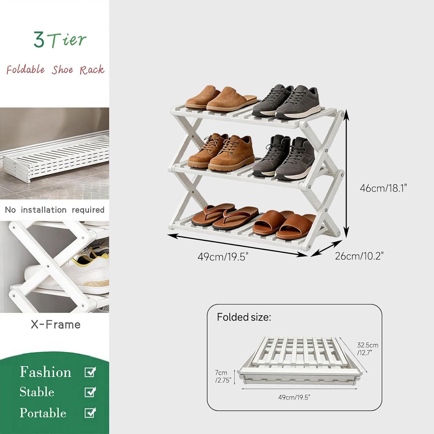 3 Tier Bamboo Shoe Rack White,Portable Folding Shoe Storage Rack,Without Installation Small Shoe Rack Perfect for Corridors, Drom, Bedrooms and Small Spaces