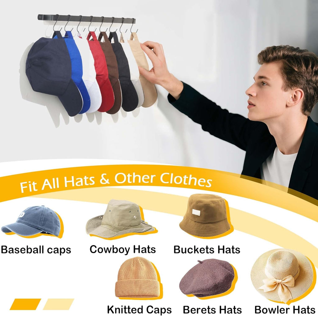 Hat Rack Closet Storage Wall: 12 Adjustable Stainless Steel Clips and 17 Inch Hat Holder - Hat Hanger Display Space Saving - Tie Belt Hanger for Closet Storage Solution - 2 Pack