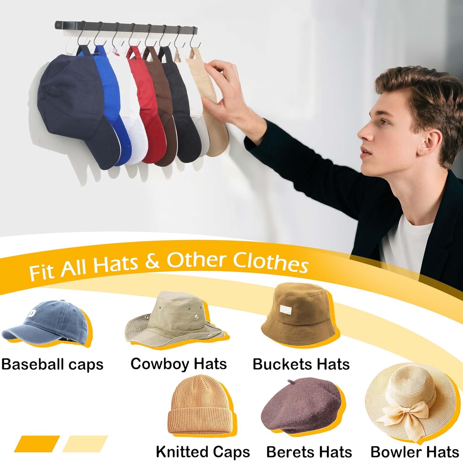 Hat Organizer Closet Organization Wall: 17 Inch Hat Holder with 12 Adjustable Stainless Steel Clips - Baseball Caps Organizer Fits All Caps - Tie Belt Hanger for Closet Storage Solution - 1 Pack