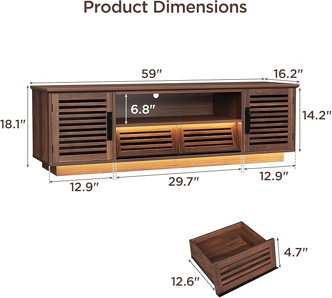 Maupvit Mid Century Modern TV Stand with LED Light for 50/55/60 inch TV, Retro Entertainment Center with Storage Cabinet & Slatted Doors & Grille Drawers, TV Media Console for Living Room, Bedroom