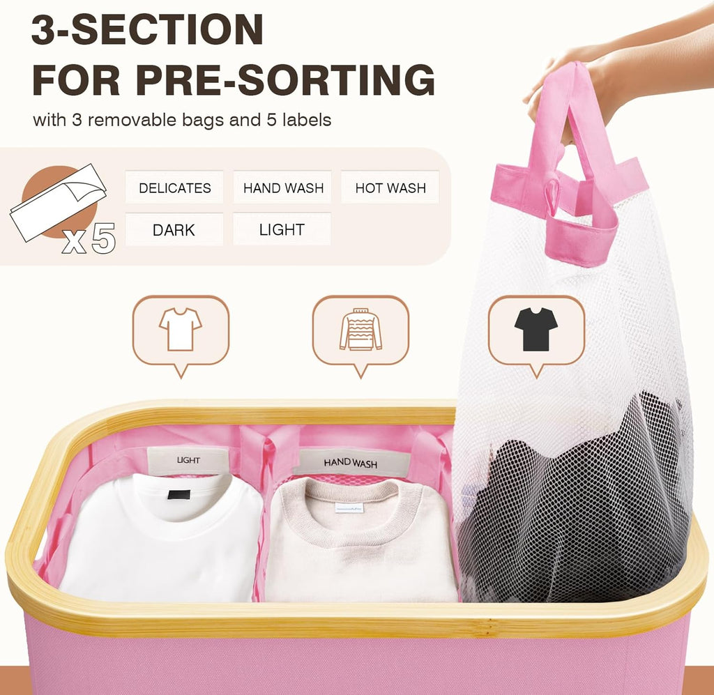 Hampers for Laundry Basket with Lid, 160L Extra Large 3 Section Clothes Divided Organizer for Bedroom, Laundry Room, Dirty Clothing Hamper, Pink