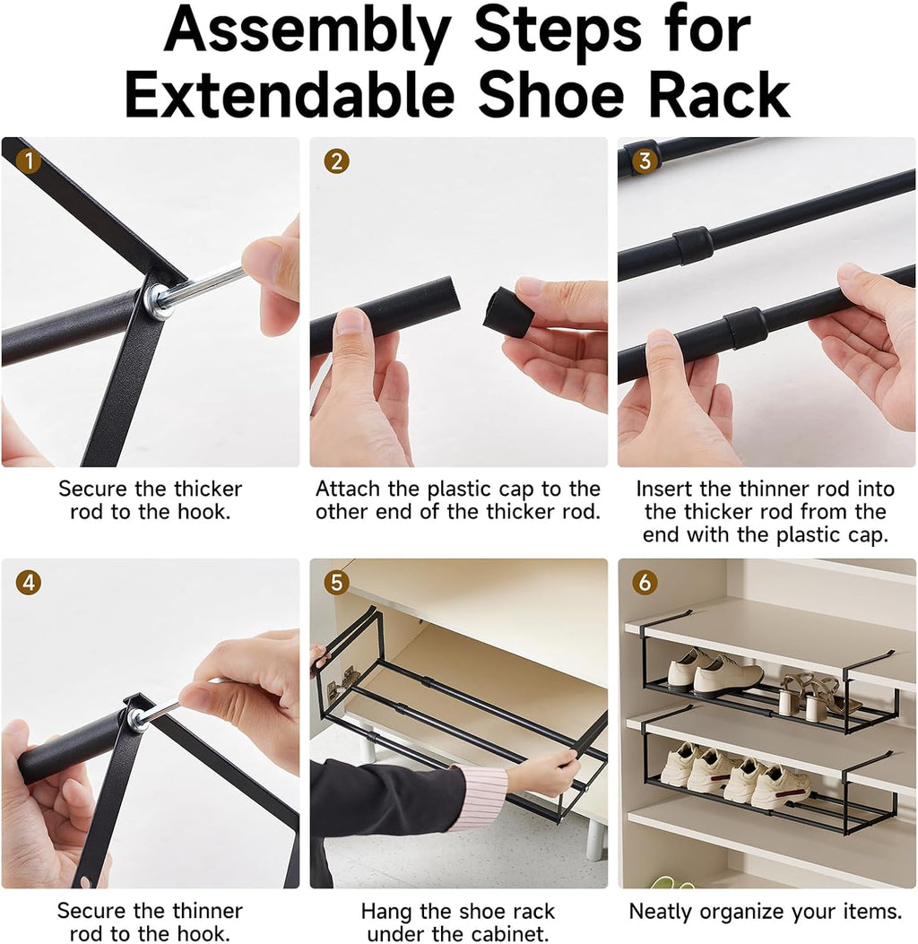UFORU 4PC Expandable Shoe Rack for Closet,Hanging Shoe Rack Organizer,Black | Shoe Shelf Dividers,Adjustable Under Cabinet Shelf,Under Shelf Storage for Kitchen, Book, Clothing Storage and Organization