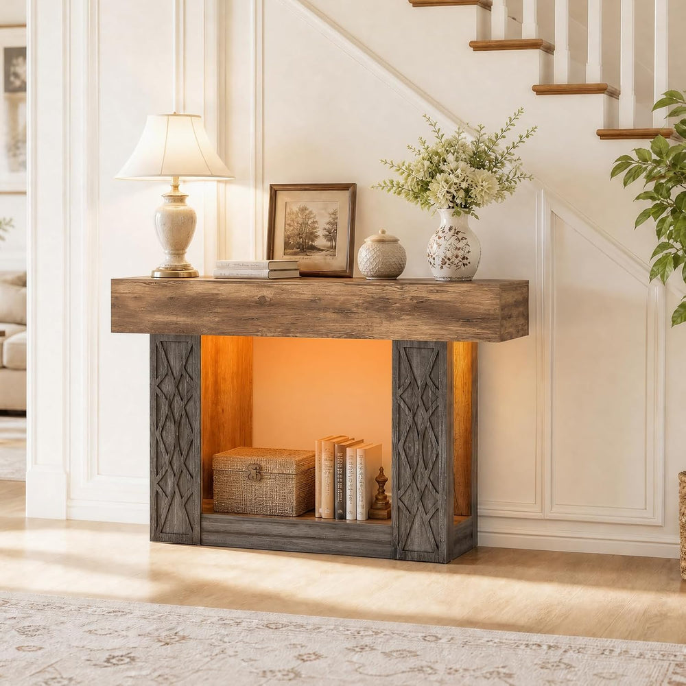 Unikito 47" Console Sofa Table with Power Outlet & LED Light, Grey &...