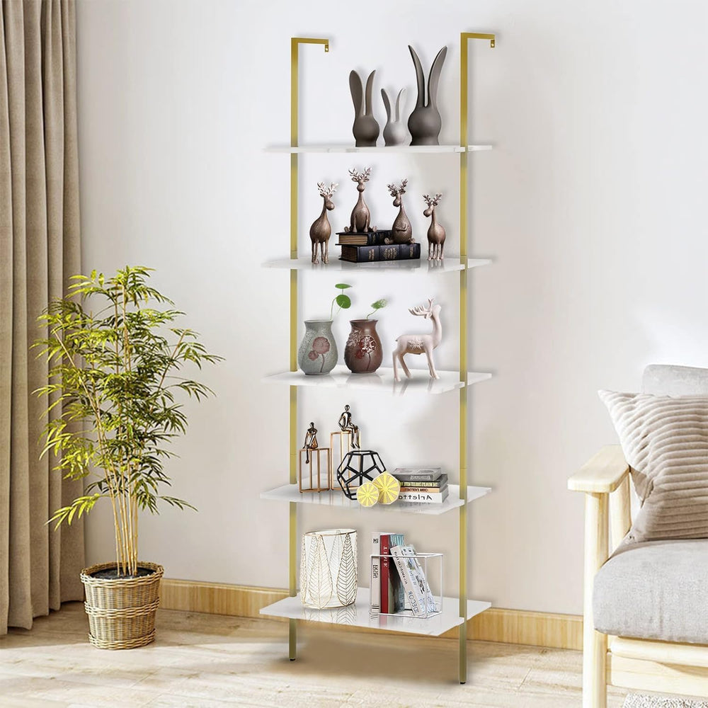 aboxoo Ladder Shelf White Marble Bookshelf 5-Tier Wall-Mounted Wood Rack Indu...