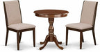East West Furniture ESLA3-MAH-04 3 Piece Kitchen Table & Chairs Set Contains a Round Dining Room Table with Pedestal and 2 Light Tan Linen Fabric Parsons Chairs, 30x30 Inch, Mahogany