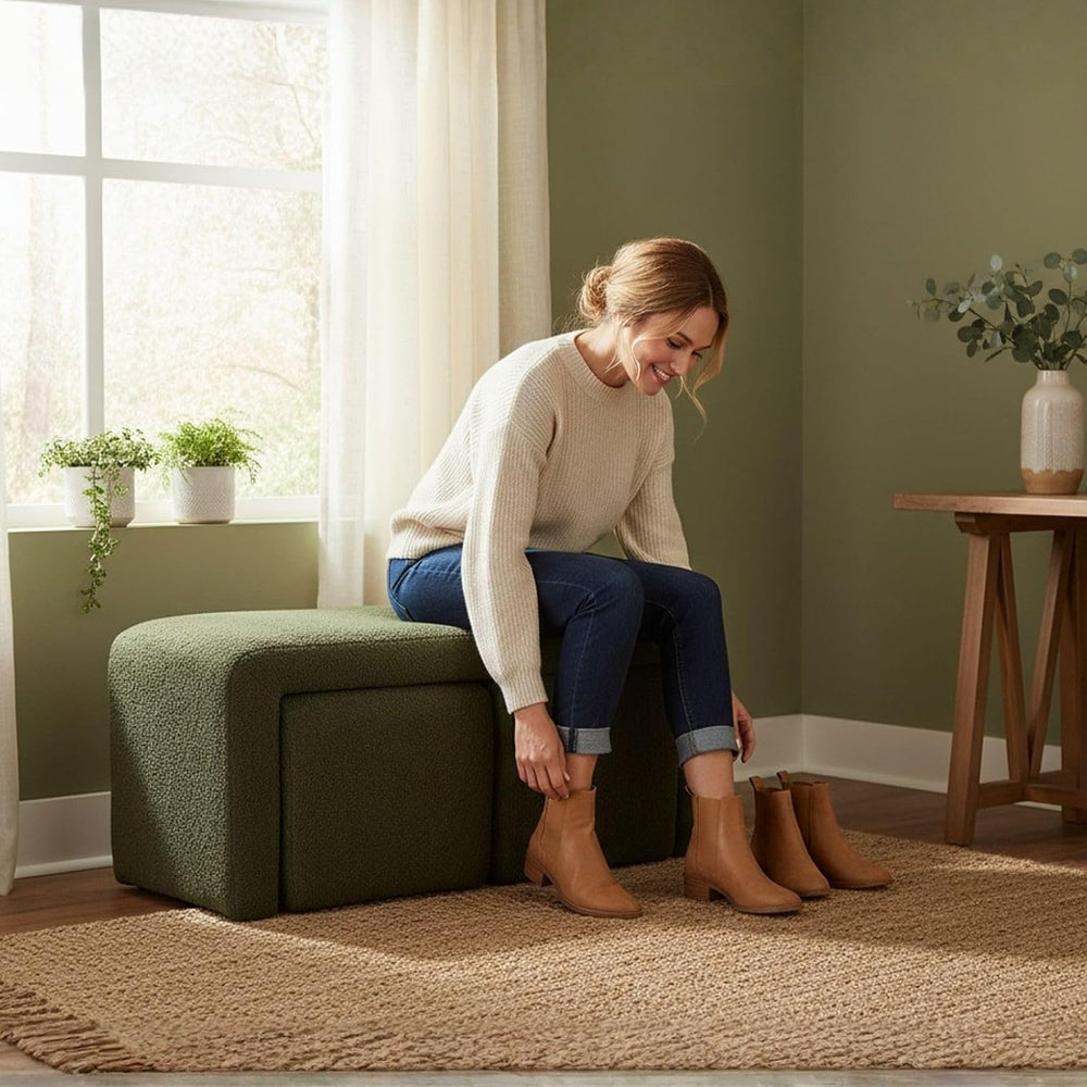 ROCITY Green Boucle Bedroom Bench Small Upholstered Entryway Bench Modern She...