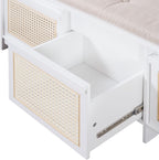 SOFTSEA 48" Shoe Storage Bench with Cushion, 2-Tier Entryway Bench with 3 Rattan Storage Drawers & Lift Top Storage, Retro Shoe Cabinet for Hallway, Bedroom, Living Room, White