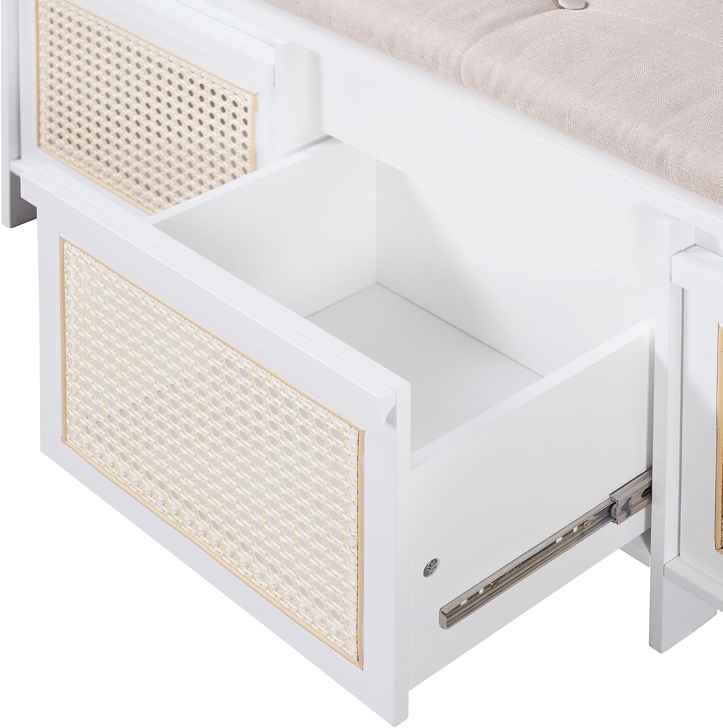 SOFTSEA 48" Shoe Storage Bench with Cushion, 2-Tier Entryway Bench with 3 Rattan Storage Drawers & Lift Top Storage, Retro Shoe Cabinet for Hallway, Bedroom, Living Room, White