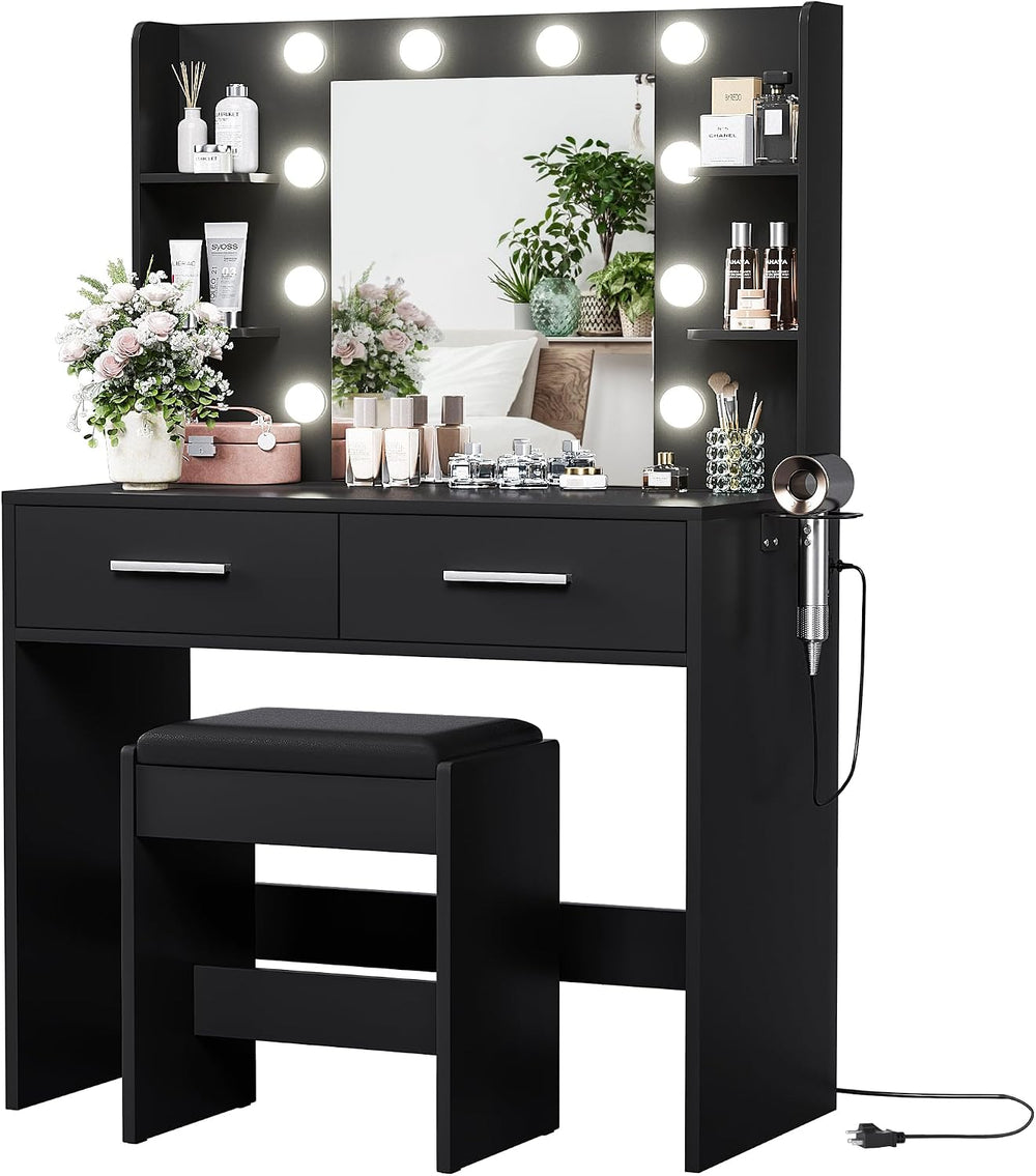YESHOMY Vanity Desk with Mirror, Makeup Table, Pure Black | 2 Large Drawers, ...