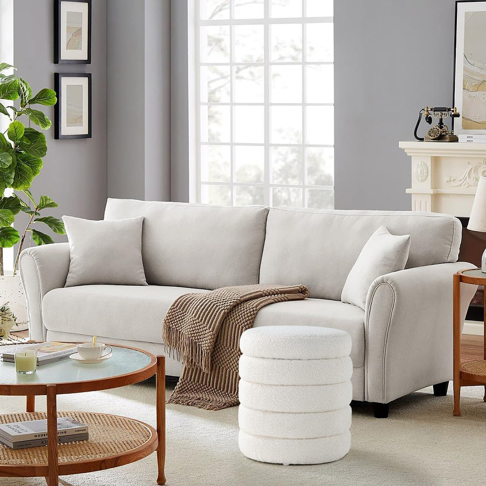 Get Set Style Modern Round Ottoman with Soft Padded Seat, Storage Vanity Chai...