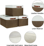 HNZIGE Fabric Storage Baskets (3 Pack) - Decorative Foldable Shelf Baskets with Leather Handles for Organizing Clothes (Brown & White, 15" x 11" x 9.5")
