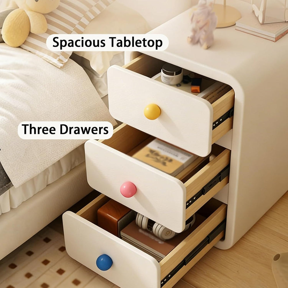 Wooden Bedside Tables，Cream-Style Nightstand with 3 Drawers, Narrow Night Sta...