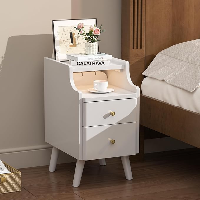 Narrow Nightstand, Solid Wood Night Stand with 2 Drawers, Black Mid Century Modern Nightstand, Small Beside Table with Open Storage Shelf for Bedroom（12 inch
