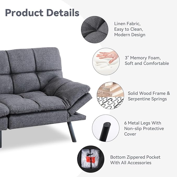 71" Convertible Futon Sofa Bed,Linen Fabric Futon Couch Bed,Memory Foam Sleeper Sofa,Modern Folding Small Loveseat for Living Room,Office,Apartment,Retro Grey