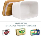 Butter Dish with Lid, LARGE 650ml Porcelain Keeper with Bamboo Lid Cover for 2 Sticks of Butter, Microwave Safe Easy Clean Butter Storage Container for Countertop and Refrigerator (White)