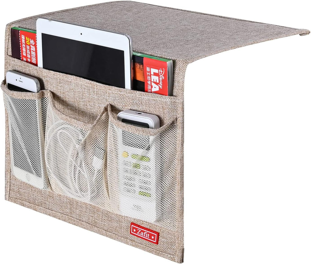 Linen 4 Pockets Bedside Caddy, Bedside Storage Organizer for Magazine, Remotes, Phone (Beige, Classic 4 Pockets)