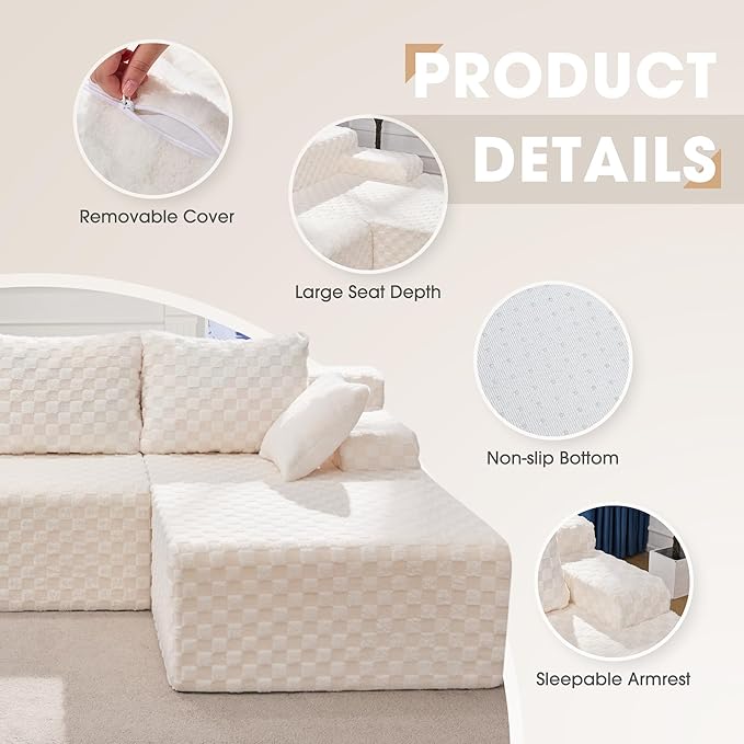 Hobestluk Modular Sectional Sofa Couches L-Shape Couch 3 Seat Modular Sofa Memory Foam Sectional Couches for Living Room, Cloud Couch with Oversized Chaise (96" Right Facing Chaise)