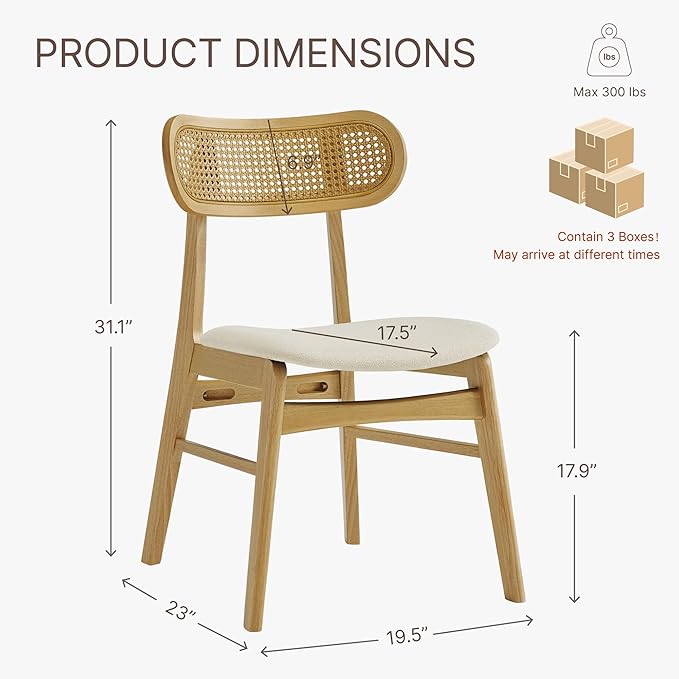 Wooden Dining Chairs Set of 6, Upholstered Modern Dining Room Chairs, Mid Century Oak Wood Kitchen Chairs with Rattan Backrest for Farmhouse, Kitchen, Restaurant (Cream Fabric & Original Color)
