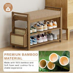 Homaxy 2-Tier Shoe Rack Bench, 28.2 in, Walnut and Light Brown | Bamboo Entryway Bench, with Side Holder, Shoe Rack Organizer with Cushion for Front Entrance, Hallway Living Room Bedroom
