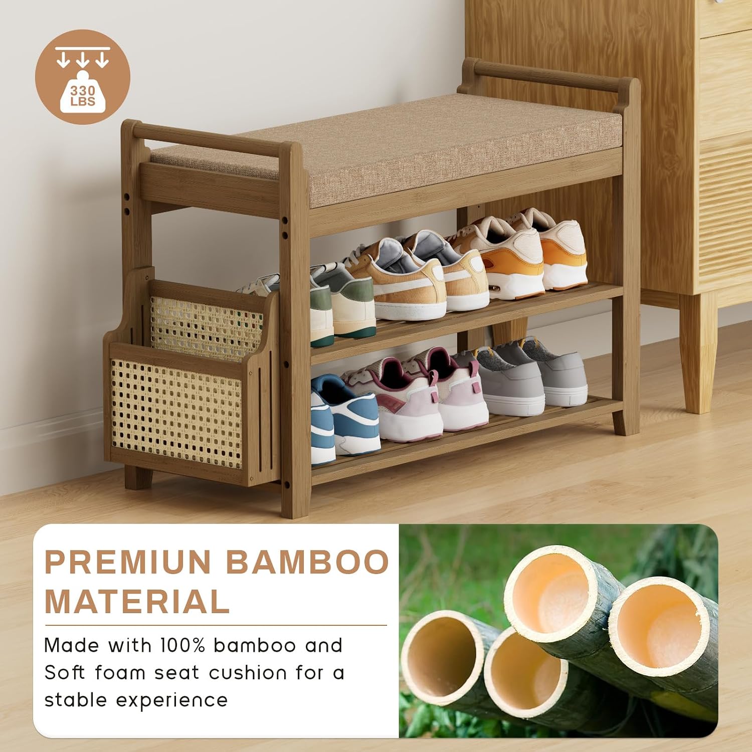 Homaxy 2-Tier Shoe Rack Bench, 28.2 in, Walnut and Light Brown | Bamboo Entryway Bench, with Side Holder, Shoe Rack Organizer with Cushion for Front Entrance, Hallway Living Room Bedroom