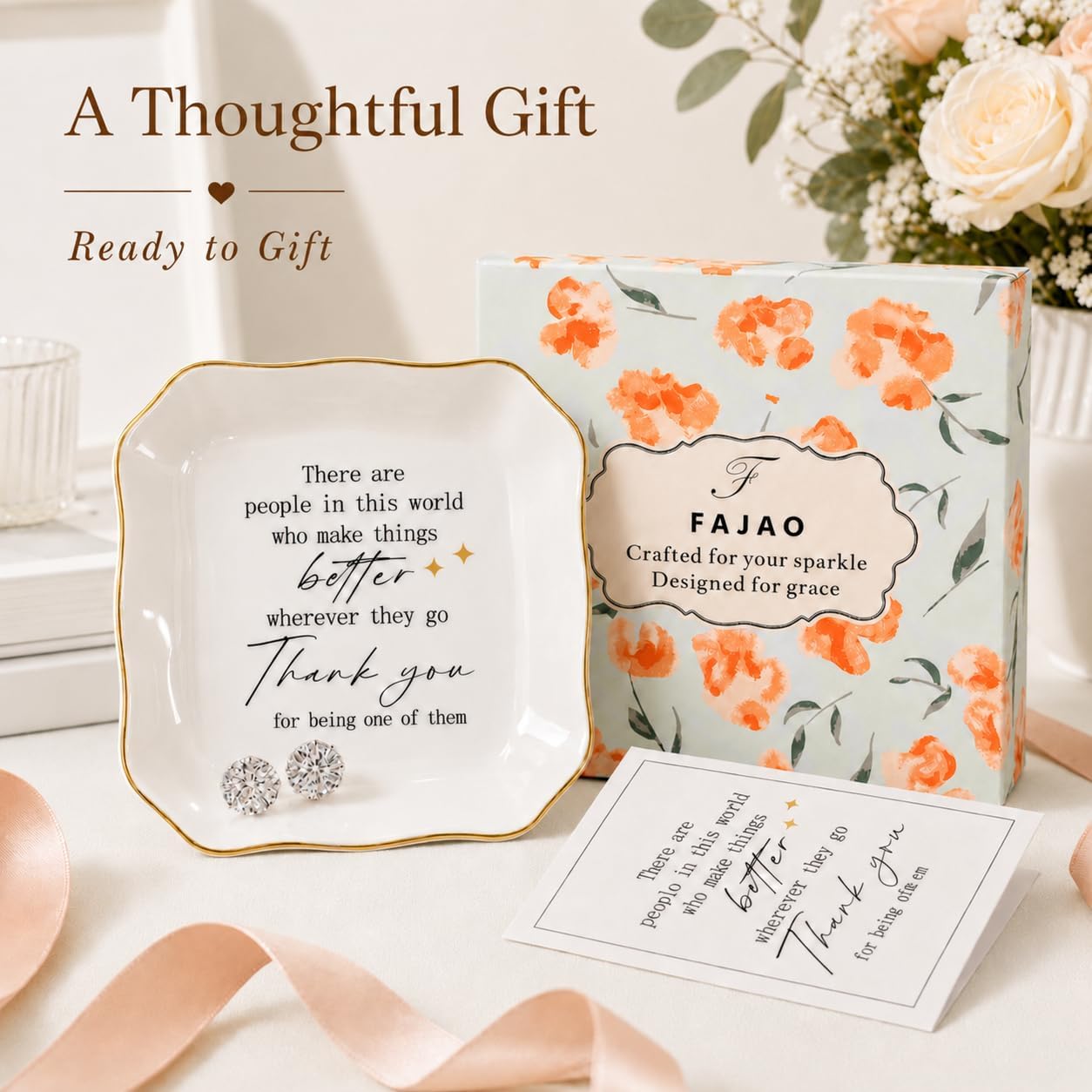 Thank You Gifts for Women - 4"x4" Ceramic Jewelry Dish Tray - Appreciation Inspirational Gifts for Women Employee Coworker Teacher Friends (White-Thank You)