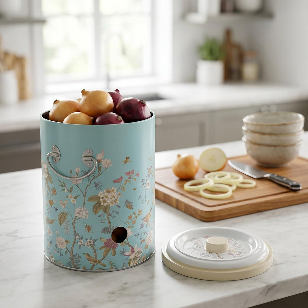 MARIA ROMA Metal Potato and Onion Storage Bin Set of 3 with Garlic Keeper - V...