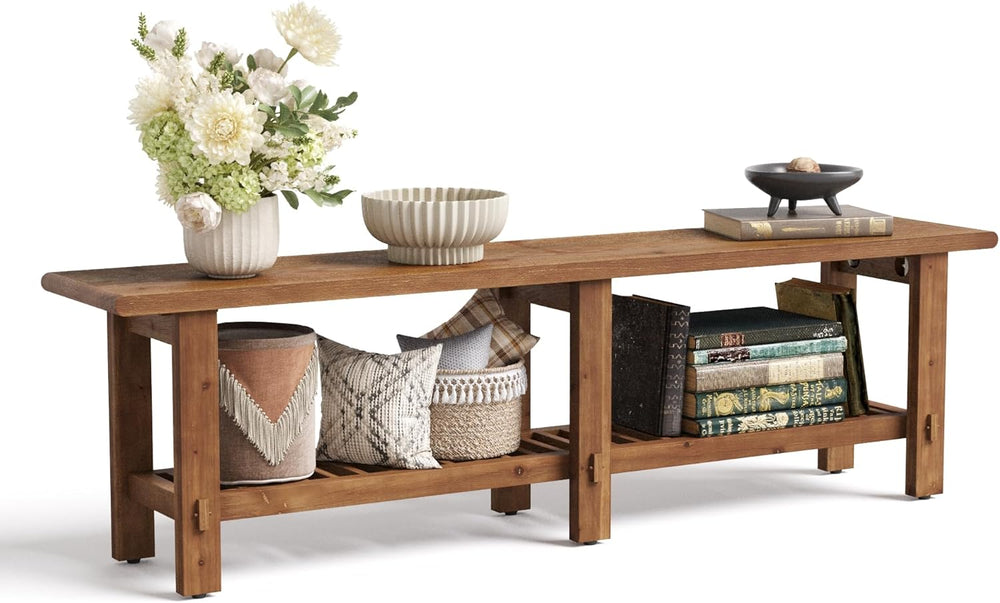 LITTLE TREE Solid Wood Entryway Shoe Bench, 63" Farmhouse Narrow End of ...